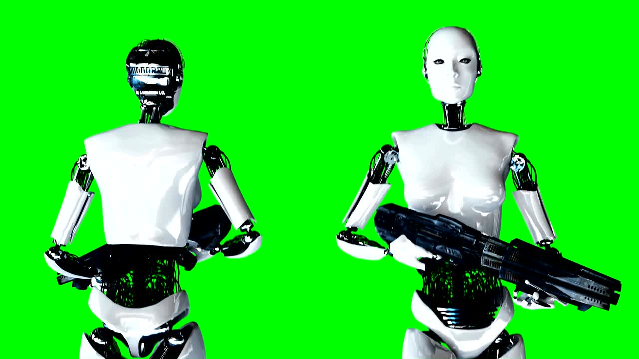 un robot femminile umanoide futuristico sta camminando con una pistola. movimento e riflessi realistici. filmati su schermo verde 4k.