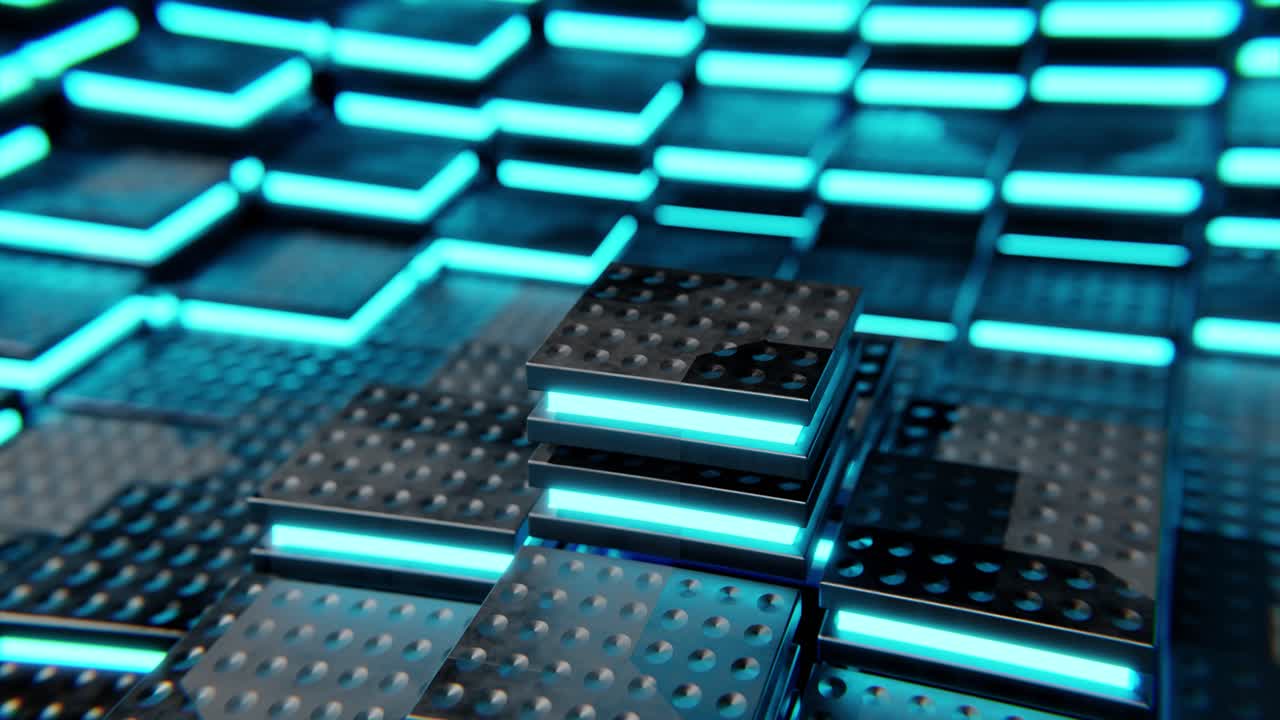 3D render of futuristic glowing cube moving up down