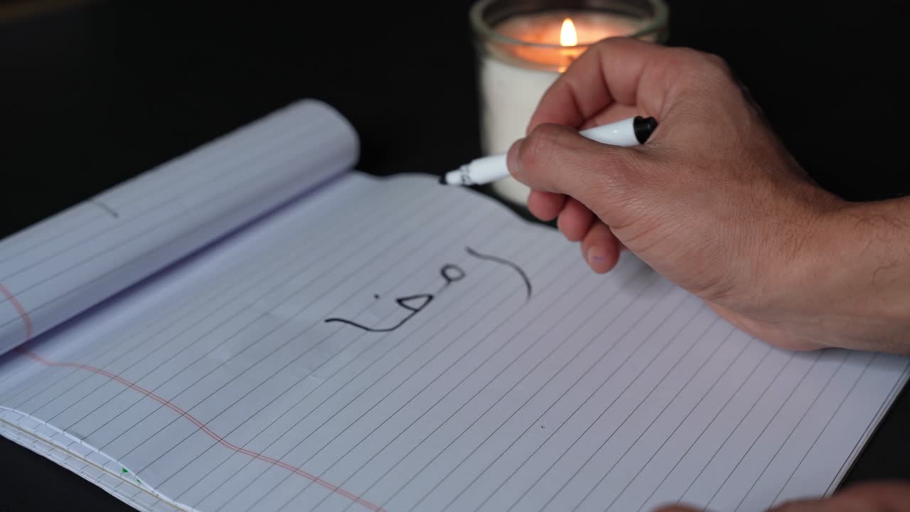 Nærbillede af hånd, der skriver arabisk kalligrafi ”Ramadan Kareem” i en notesbog med markeringspen, varmt stearinlys i baggrunden, mørk bordplade med plads til tekst, islamisk helligmåned-hilsen