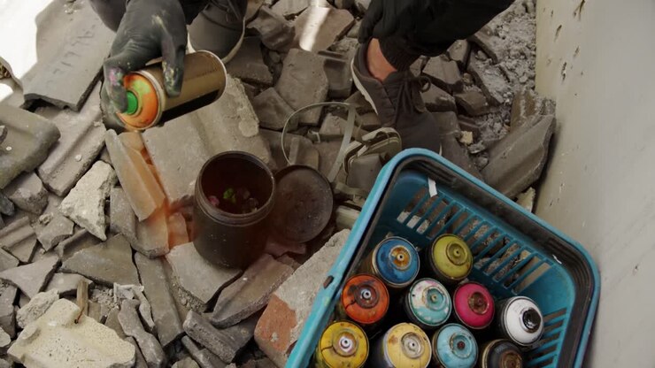Graffiti artist painting with aerosol spray 4k