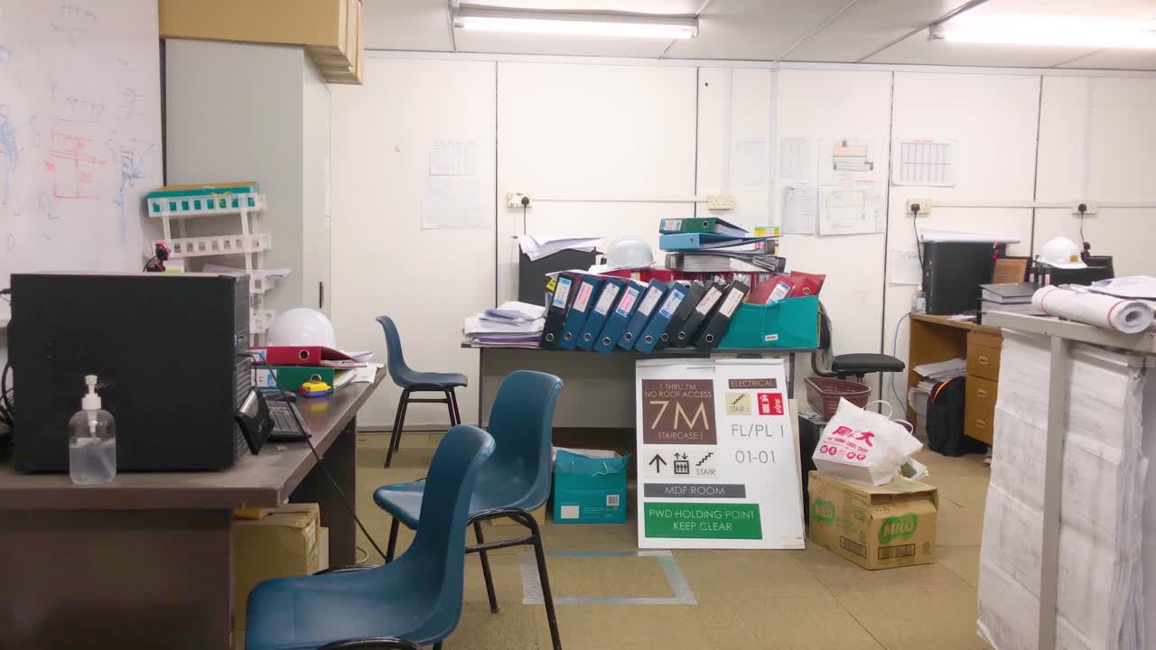 Pan Shot of Dirty nnd Dusty Temporary Construction Office