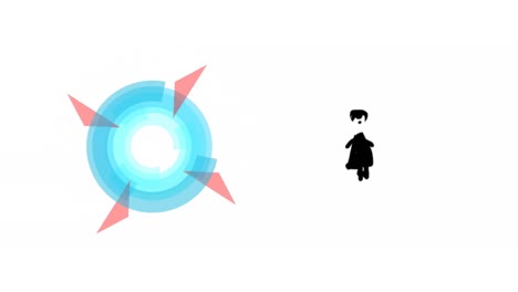 animation of rotating blue and pink circular scanner and black doll drawing, on white