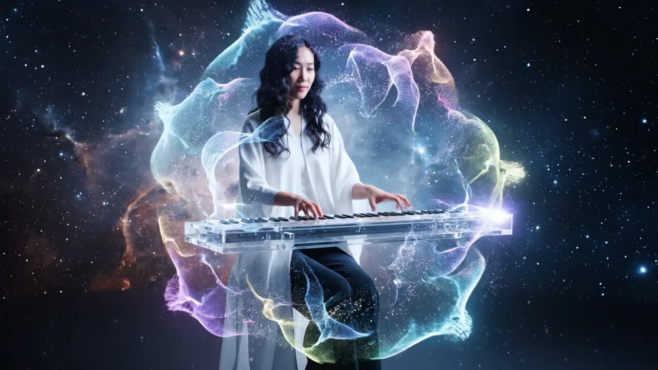 Ethereal woman playing keyboard in space