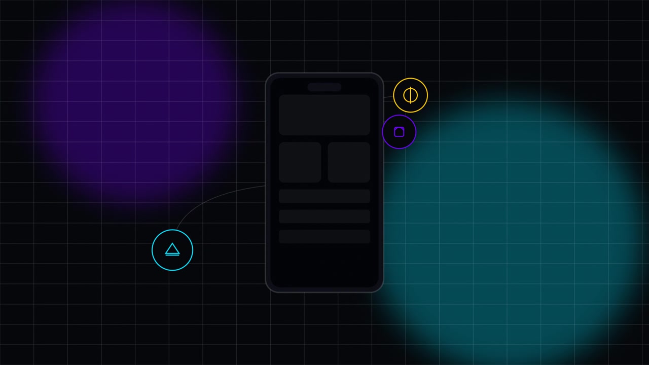 Gráficos de movimento abstratos de ícones geométricos orbitando um smartphone
