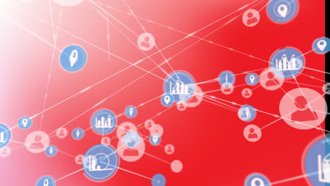 animación de la red de perfiles e iconos digitales contra un fondo de gradiente rojo