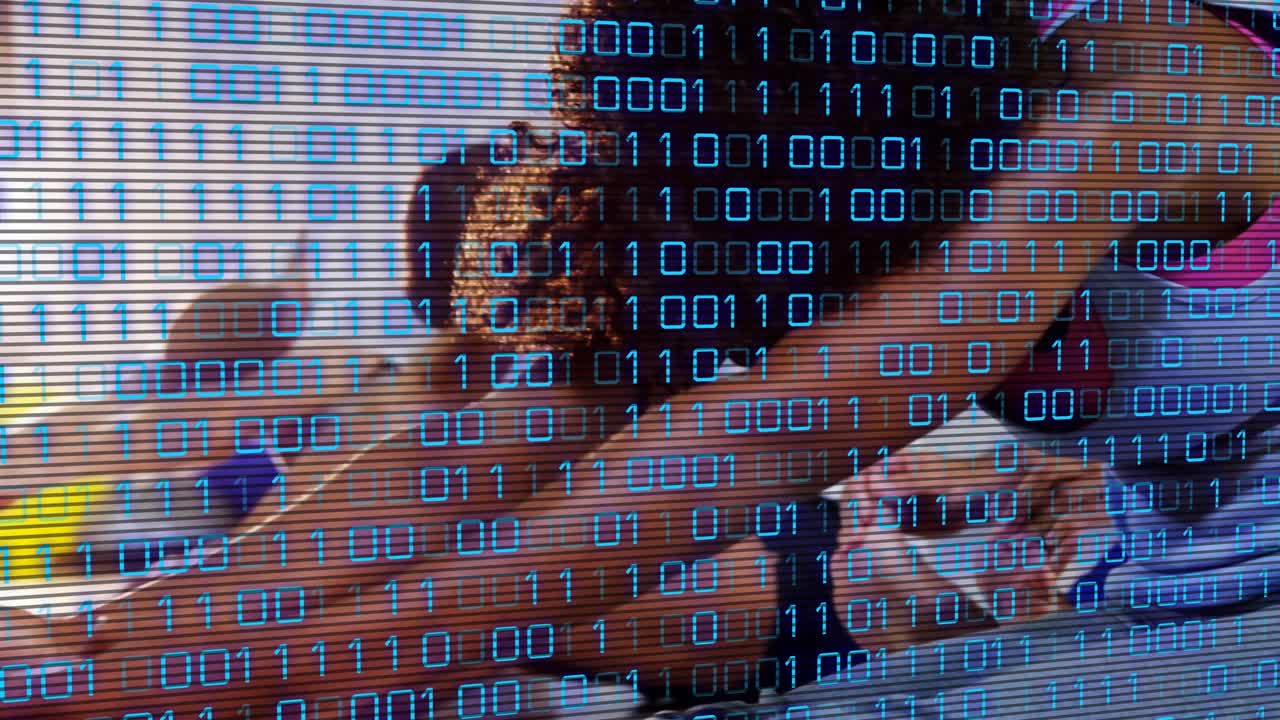 Woman starting push-up workout, engaging semi-transparent binary overlay tracking performance