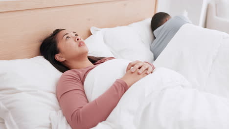 thinking, insomnia of woman and couple in bedroom