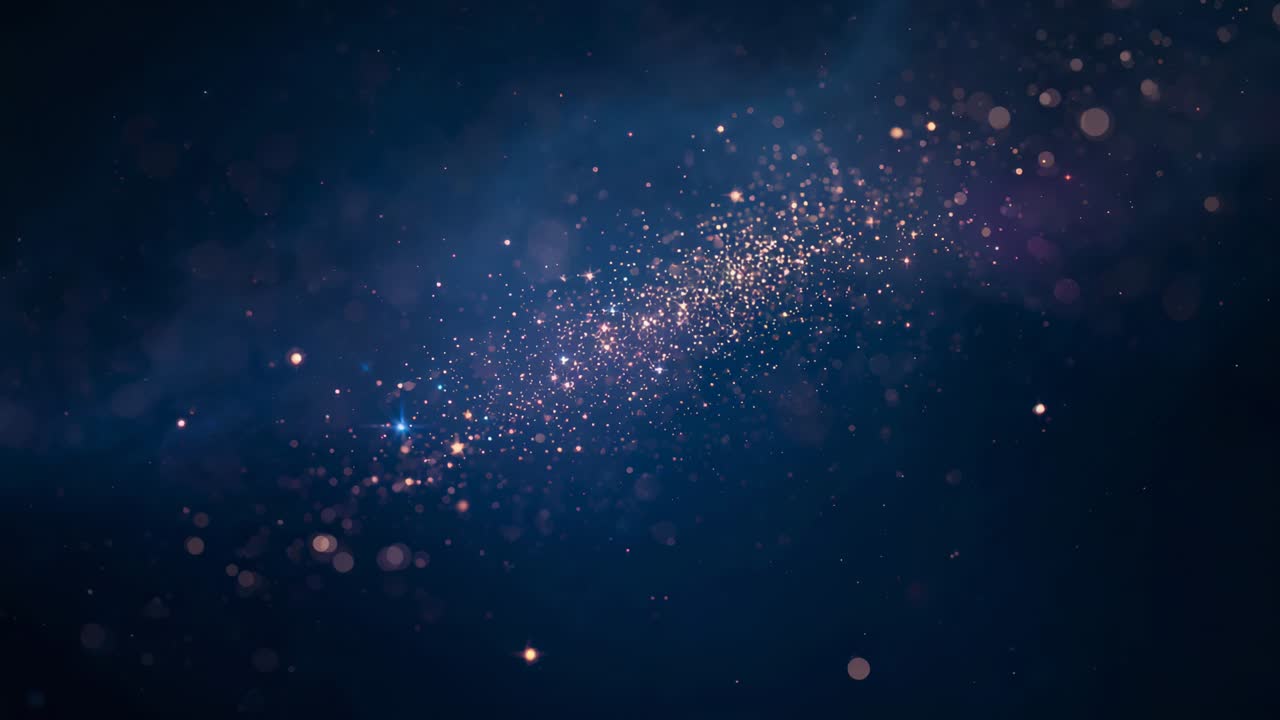 Starting diffuse, golden particle cloud coalescing into glowing core in navy scene with bokeh discs