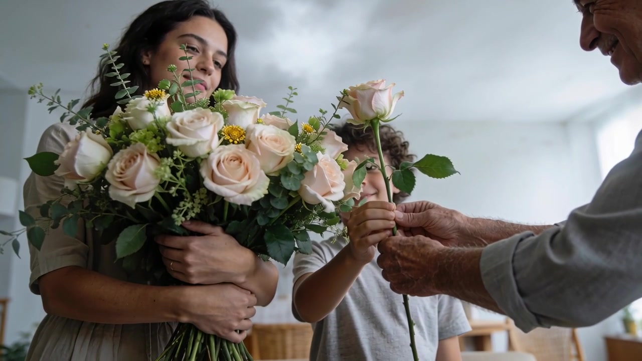 Un anziano che offre una rosa a gambo lungo a un bambino in una casa di famiglia, una donna che tiene un bouquet rosa pallido