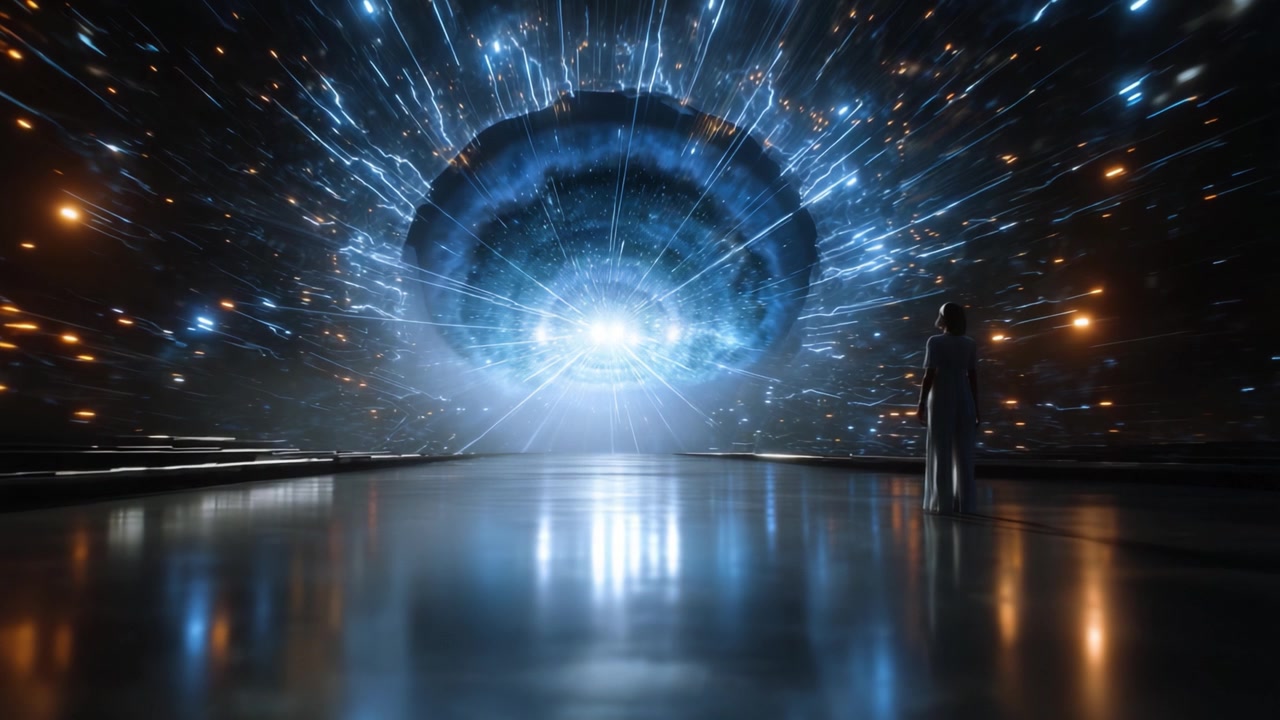 Una silhouette si erge in soggezione davanti a un portale cosmico circondato da energia radiosa e luce dinamica, simboleggiando l'intersezione tra l'umanità e l'universo