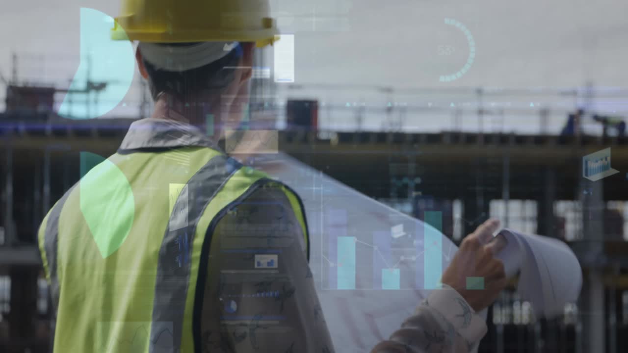 animación del procesamiento de estadísticas sobre arquitectas que mantienen planes en el sitio de construcción