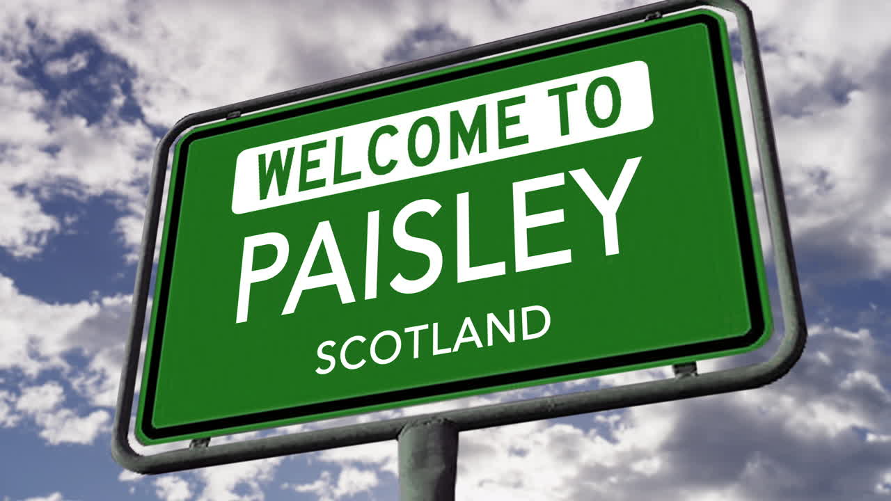 파이스리 (paisley), 스코틀랜드 (scotland), 영국 (uk) 도로 표지판, 현실적인 3d 애니메이션