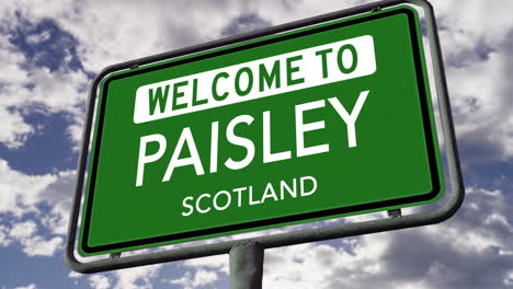 welcome to paisley, scotland, uk city road sign, realistic 3d animation