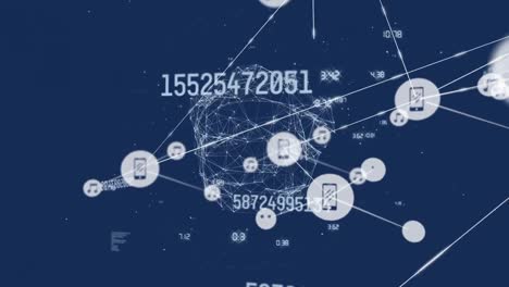 Animation-of-network-of-connections-with-digital-icons-and-globe-with-numbers-changing