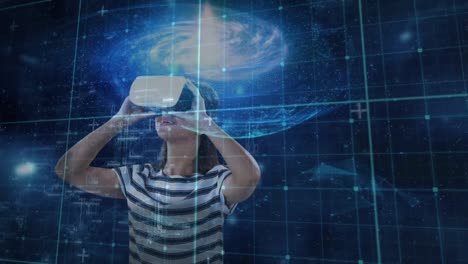 Frau-Trägt-Ein-Virtual-Reality-Headset-Mit-Blick-Auf-Die-Galaxie