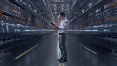 full body side view of an asian male professional worker standing with his tablet with metal pipes, working continuously with his tablet