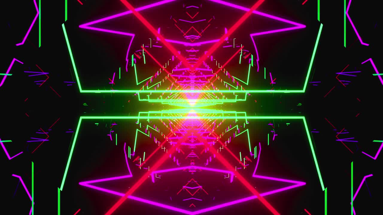 Volo attraverso un tunnel di luce geometrico al neon futuristico
