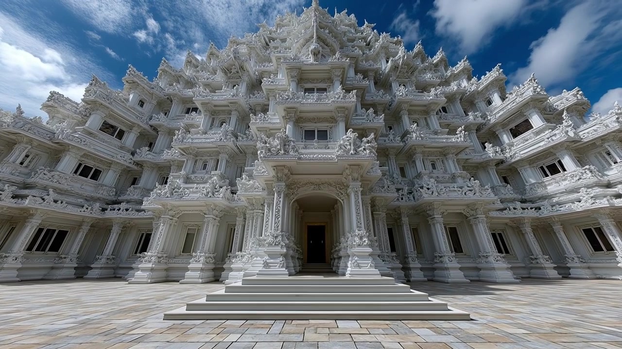Vista dal basso di un intricato edificio di tempio bianco con intagli elaborati sotto un cielo blu