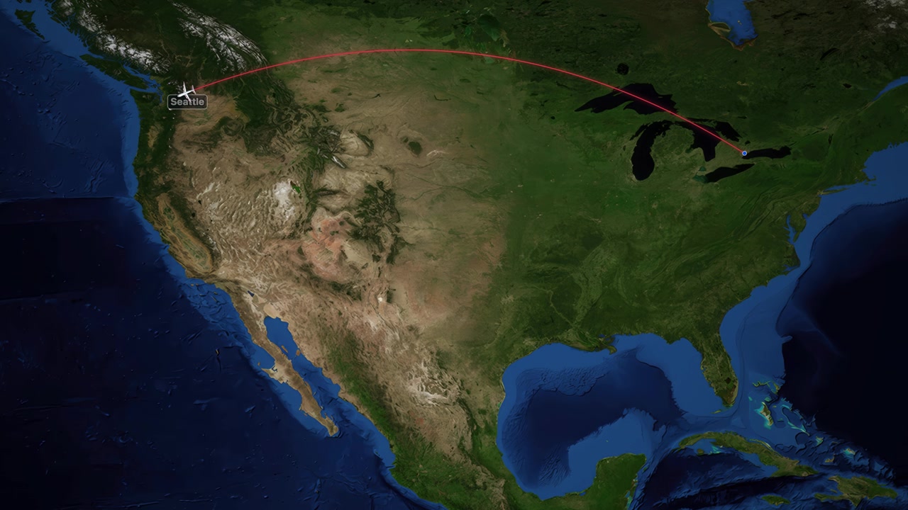 Satellite map animation shows a red flight path connecting Toronto and Seattle across North America