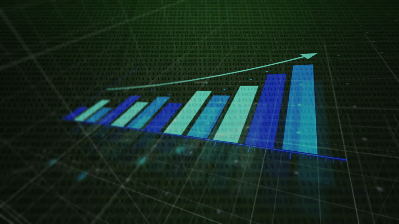 Animation of statistics, connections over digital data processing on dark background