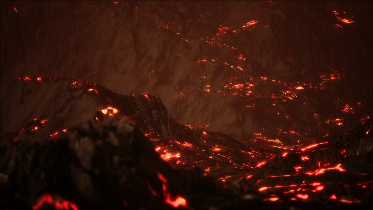 lava fundida roja y vibrante que fluye sobre un campo de lava gris y una tierra rocosa brillante