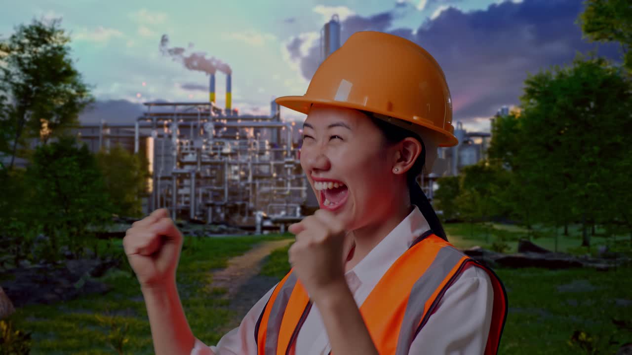 Close Up Of Side View Of Asian Female Engineer With Safety Helmet Screaming Goal Celebrating Working In Front Of Oil Refinery