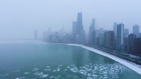 Aerial-footage-of-Frozen-Lake-Michigan-during-2019-Polar-Vortex,-Chicago,-Illinois