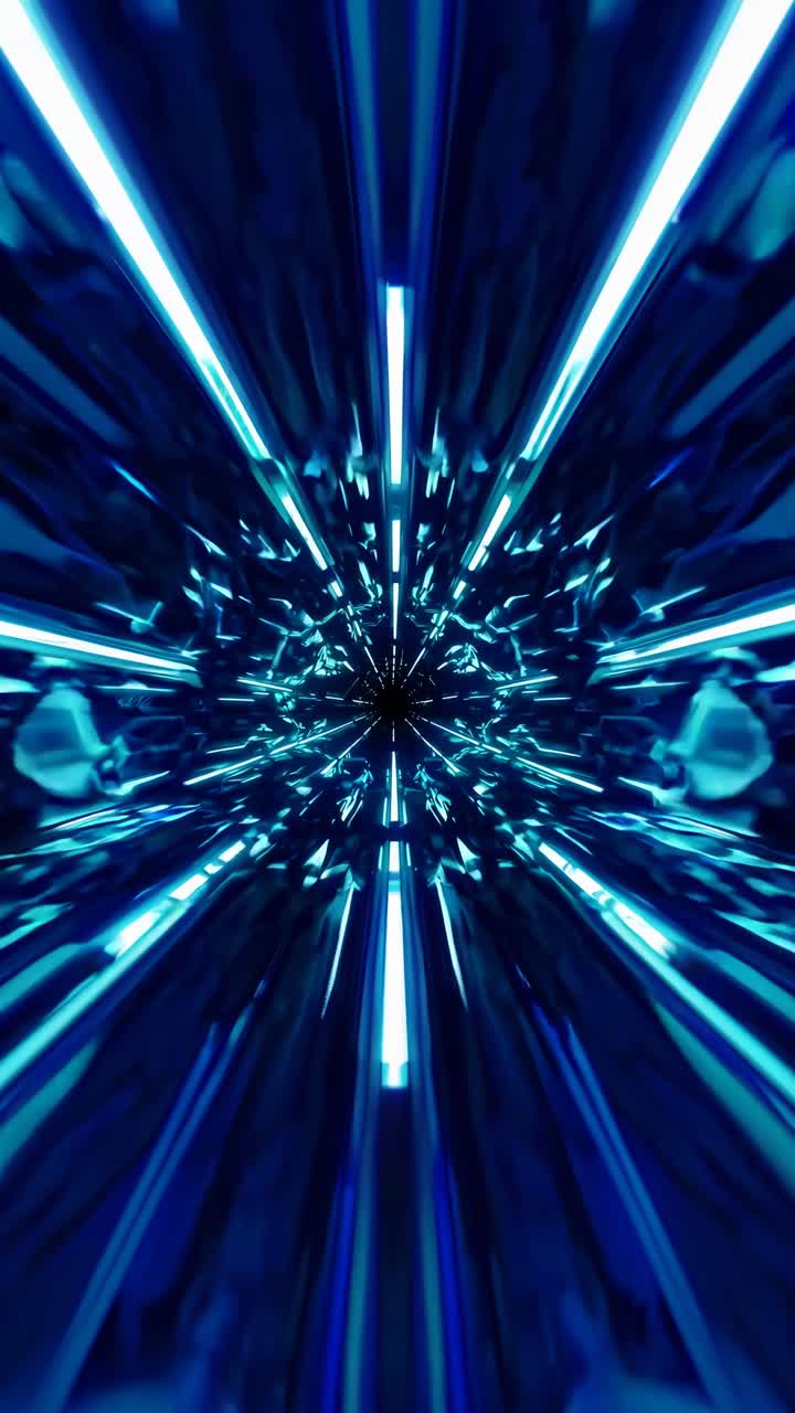 Futuristic tunnel with neon blue lights, captured from a central vanishing point angle