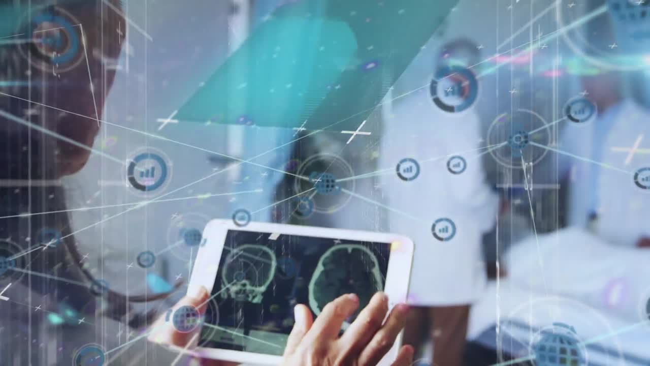 태블릿을 사용하는 의사 그룹에 대한 금융 데이터 처리 애니메이션