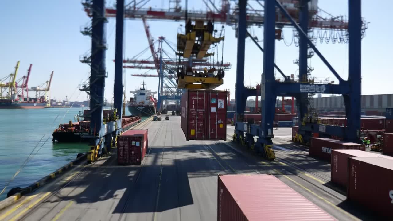 Vibrant Port Operations: A View of Loading and Unloading Shipping Containers at a Busy Maritime Terminal Under Clear Skies