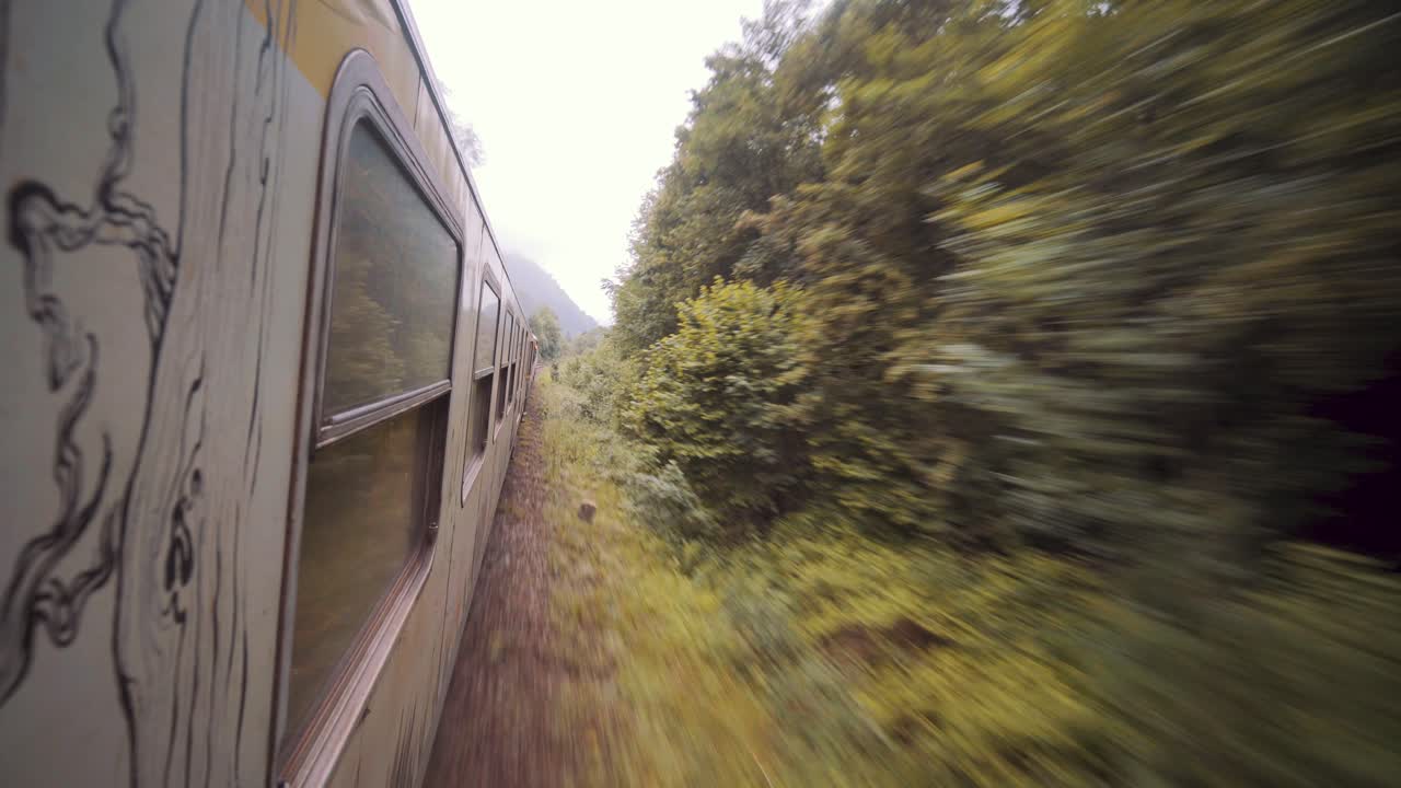 Exterior of fast moving white train in countryside forest, looking behind, handheld backwards, day
