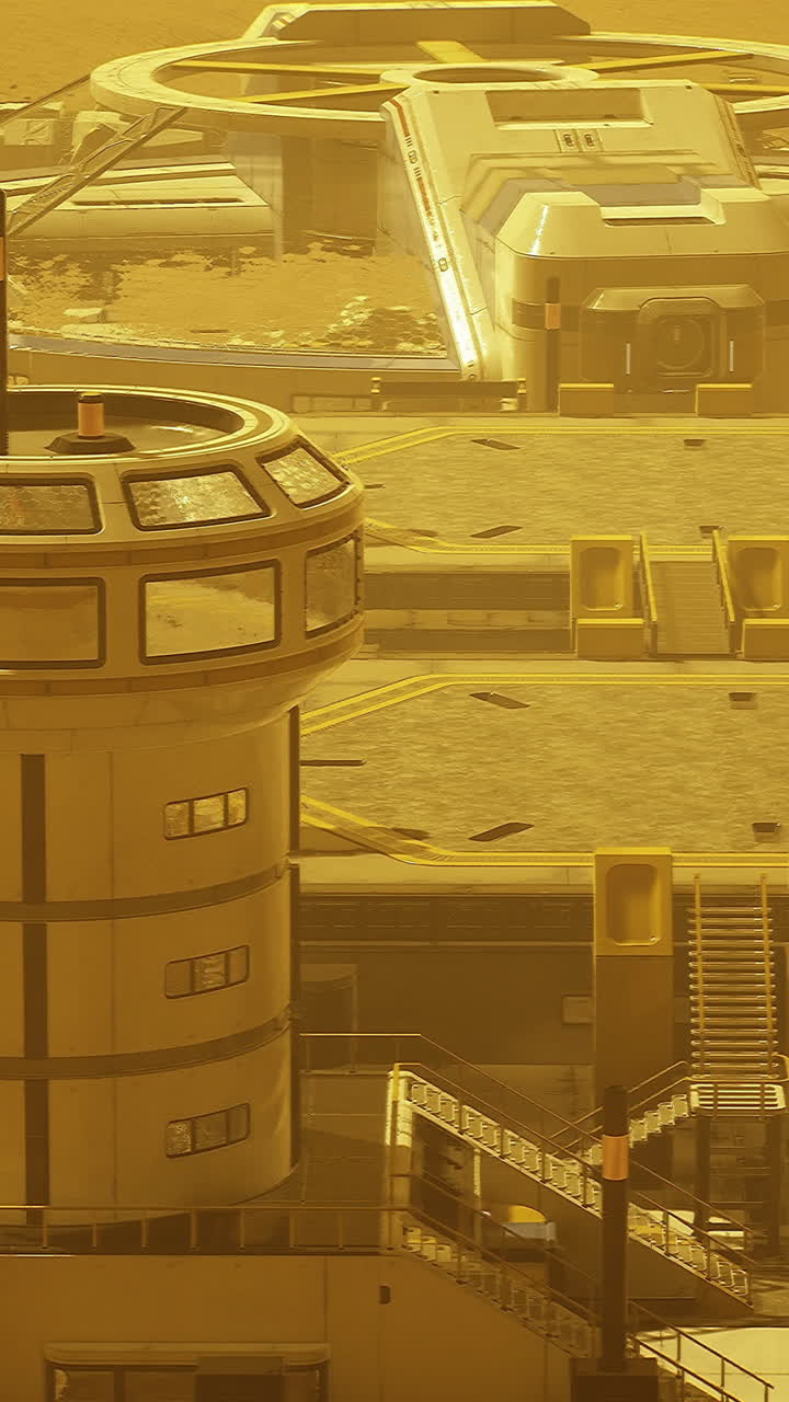 Futuristic research facility on a distant planet during dust storm