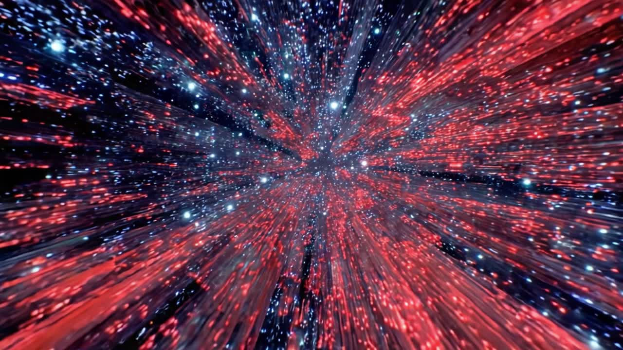 Un affascinante viaggio visivo attraverso un arazzo di stelle, esplorando la vastità dello spazio con incredibili scie luminose rosse e blu in un ambiente cosmico.