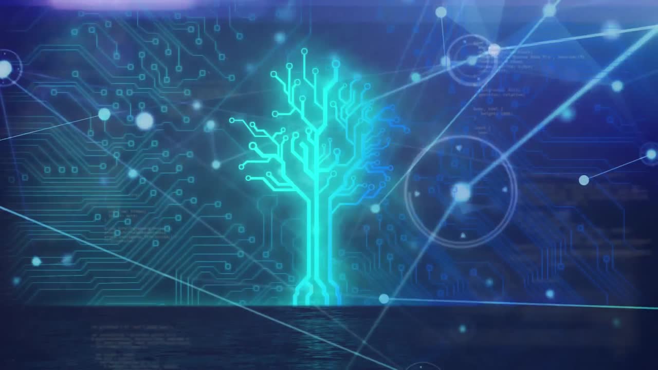 Animation of network of connections and data processing with glowing circuit board detail