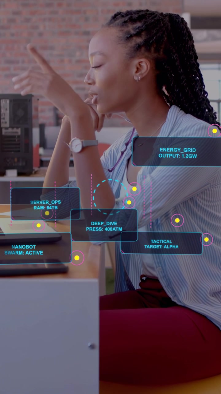 Vertical video: Woman watching tech HUD panels appearing, pointing and analyzing grid data