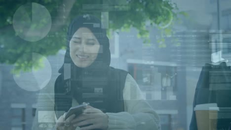 Animation-of-statistics-and-data-processing-over-woman-in-hijab-using-smartphone