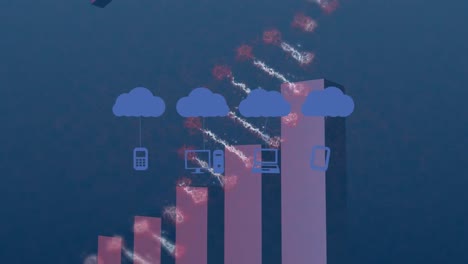animación de nubes con iconos sobre gráfico con flecha y cadena de adn