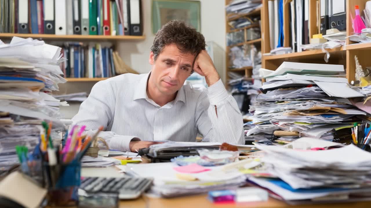 A stressed individual sits at a cluttered desk overwhelmed by an excessive amount of paperwork, illustrating the struggles of managing a chaotic work environment