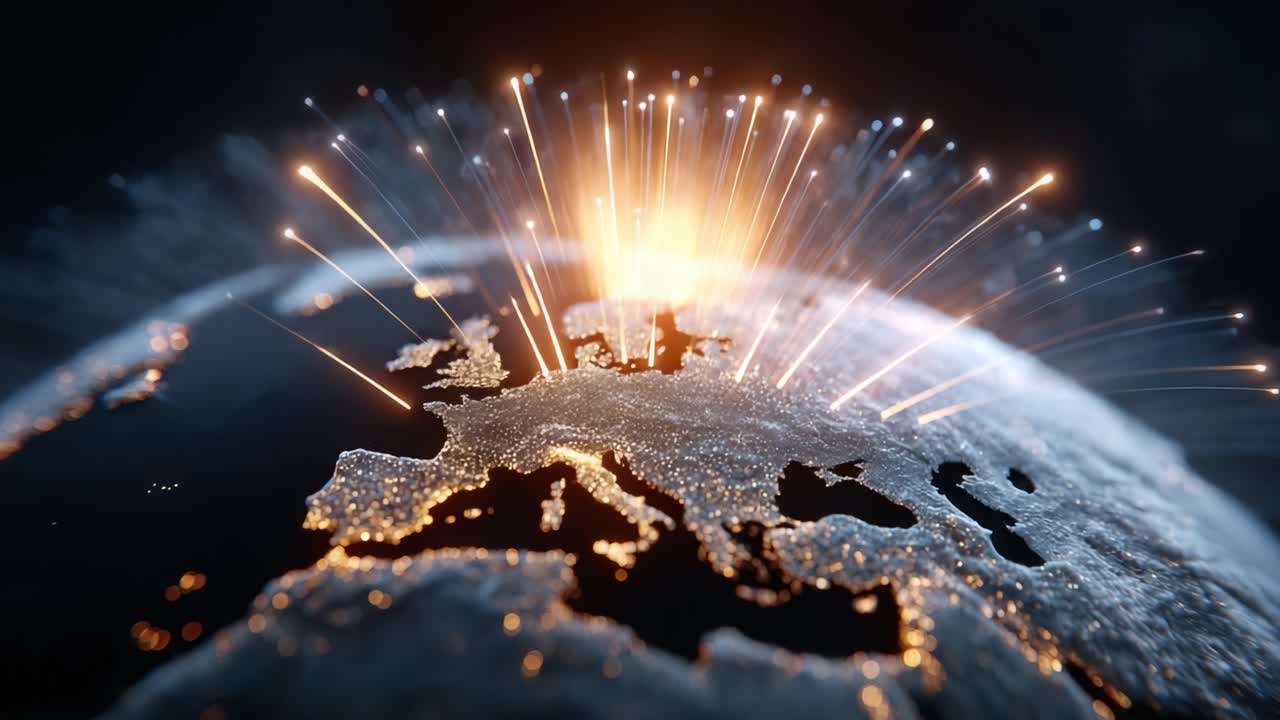 A Stunning Visualization of Earth with Illuminated Connections as Bright Lines Emanate from Europe, Showcasing a Network of Light and Energy in the Dark Background