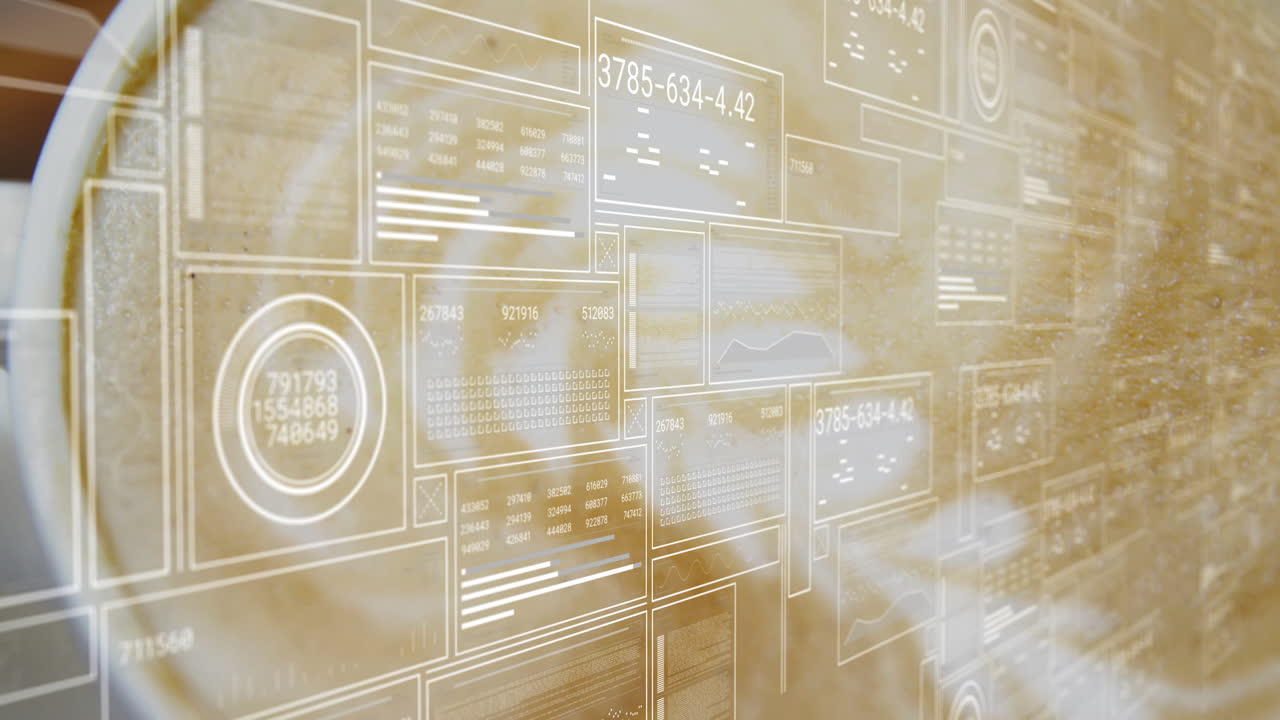 Magnifying glass floating over beige texture, displaying semi transparent flat design data panels