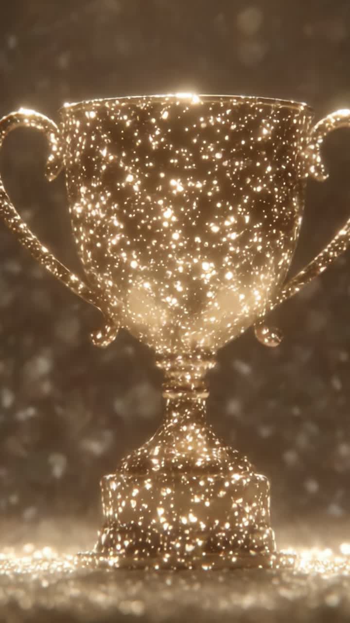 Um Troféu Dourado Brilhante Prosperando em um Ambiente Cintilante, Celebrando Conquistas e Vitórias, Brilhando Intensamente com Reflexos de Luz Deslumbrantes e Atmosfera Mágica