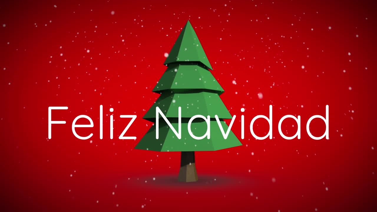 animación de felix navidad texto y nieve cayendo sobre el árbol de navidad giratorio sobre fondo rojo