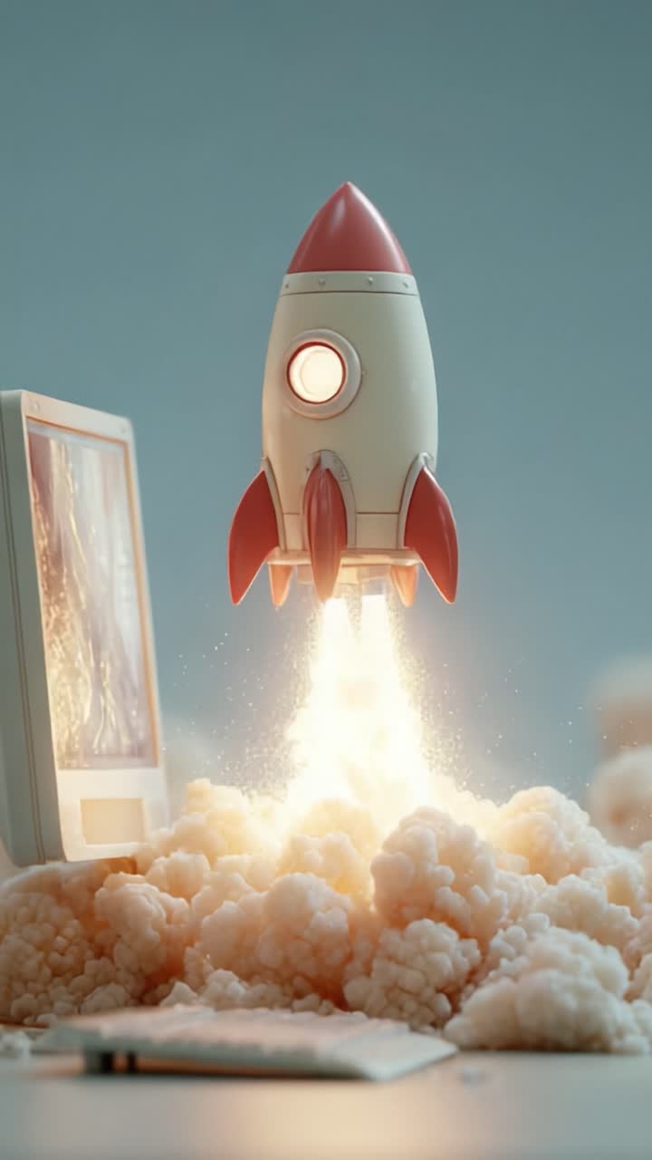 A Futuristic Rocket Launch Scene Featuring a Playful Retro Rocket Taking Off Above a Cloud of Smoke and an Old Computer in an Imaginative Setting