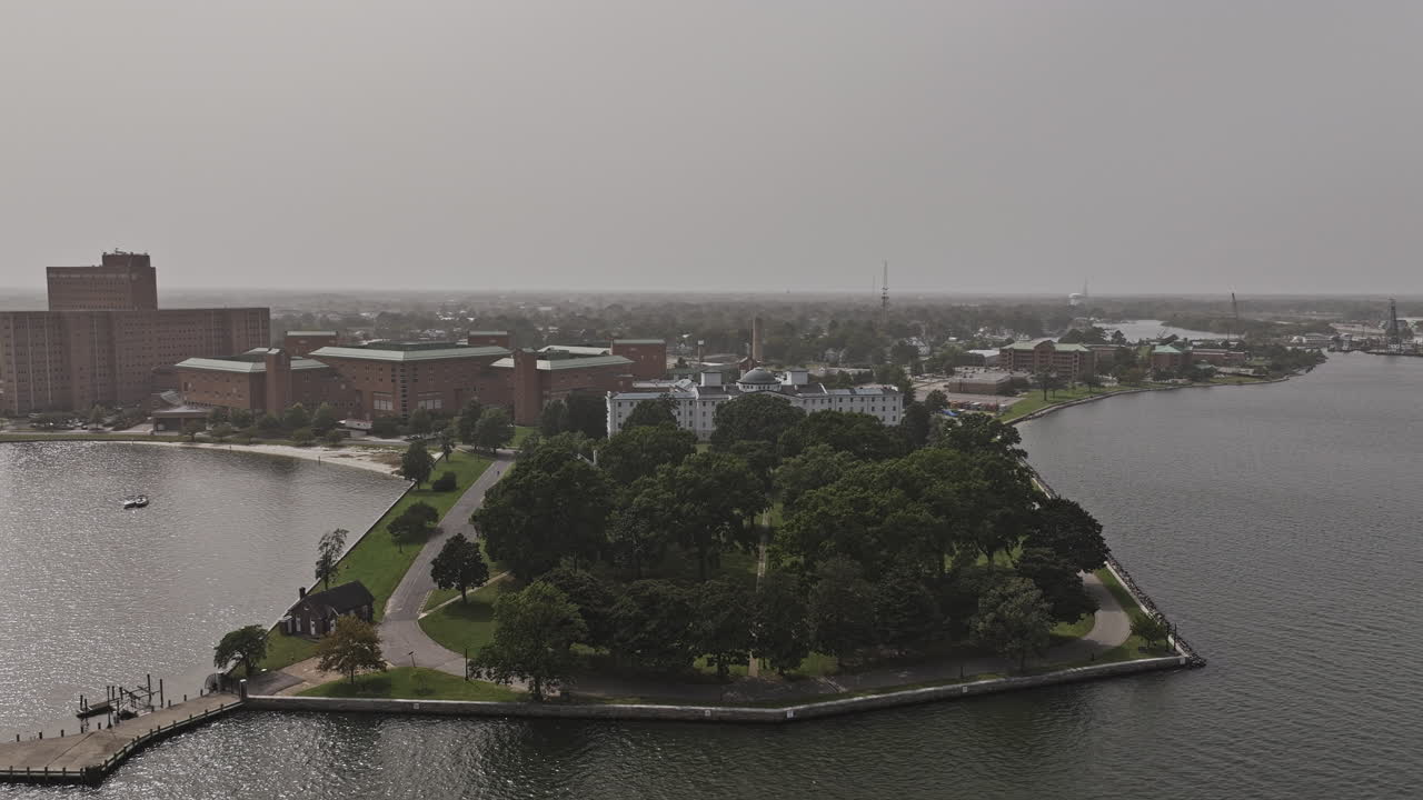 Norfolk Virginia Aerial v57 flyover Elizabeth River around the Naval Medical Center Portsmouth capturing views of Hospital Point Park and hazy cityscape - Shot with Mavic 3 Pro Cine - Sept 30th 2023