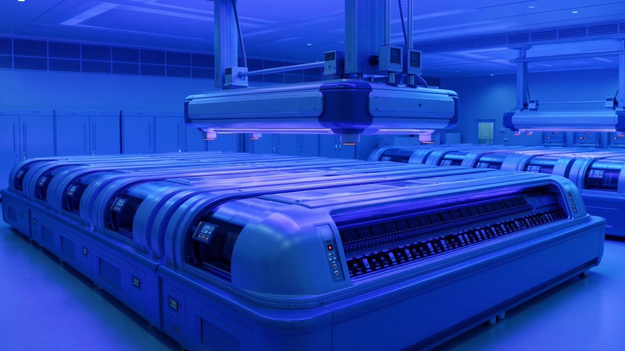Futuristic Automated Industrial Machines Operating in a Blue Lit Facility