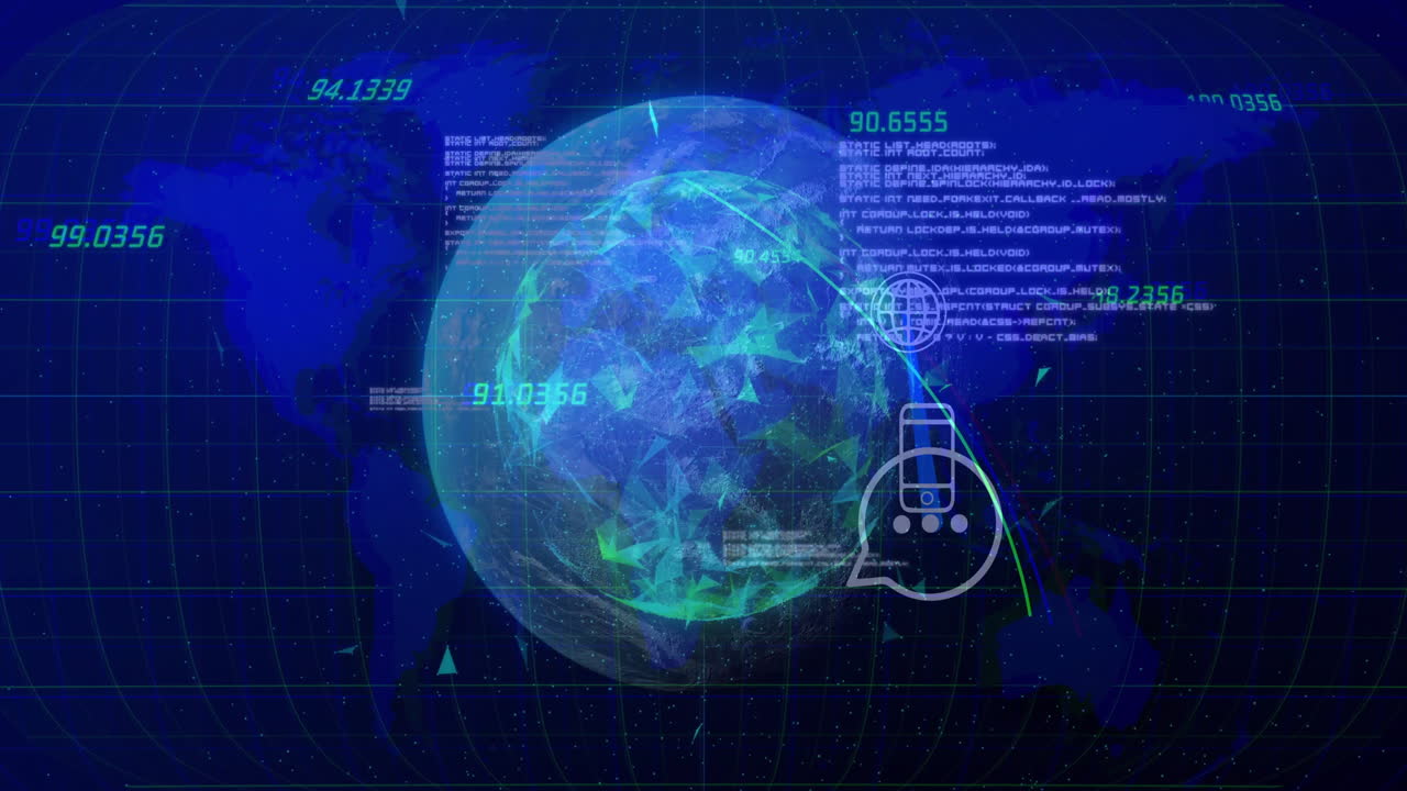 Translucent polygonal Earth globe rotating over blue grid, showing green coordinates, code snippets