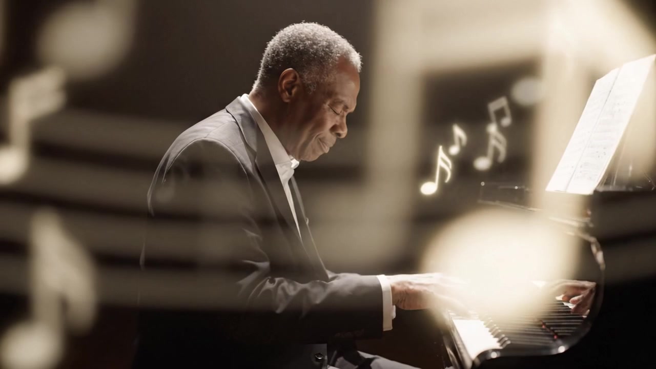 Un pianista di talento dà vita alla musica attraverso un'esecuzione espressiva al pianoforte a coda, illuminato da luci soffuse e circondato da note musicali fluttuanti.