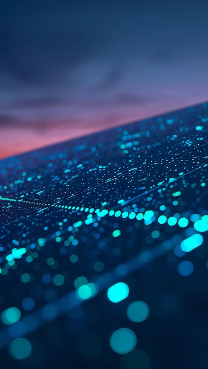 Vertical video: Sweeping camera moving over tilted plane in studio, revealing teal glowing points