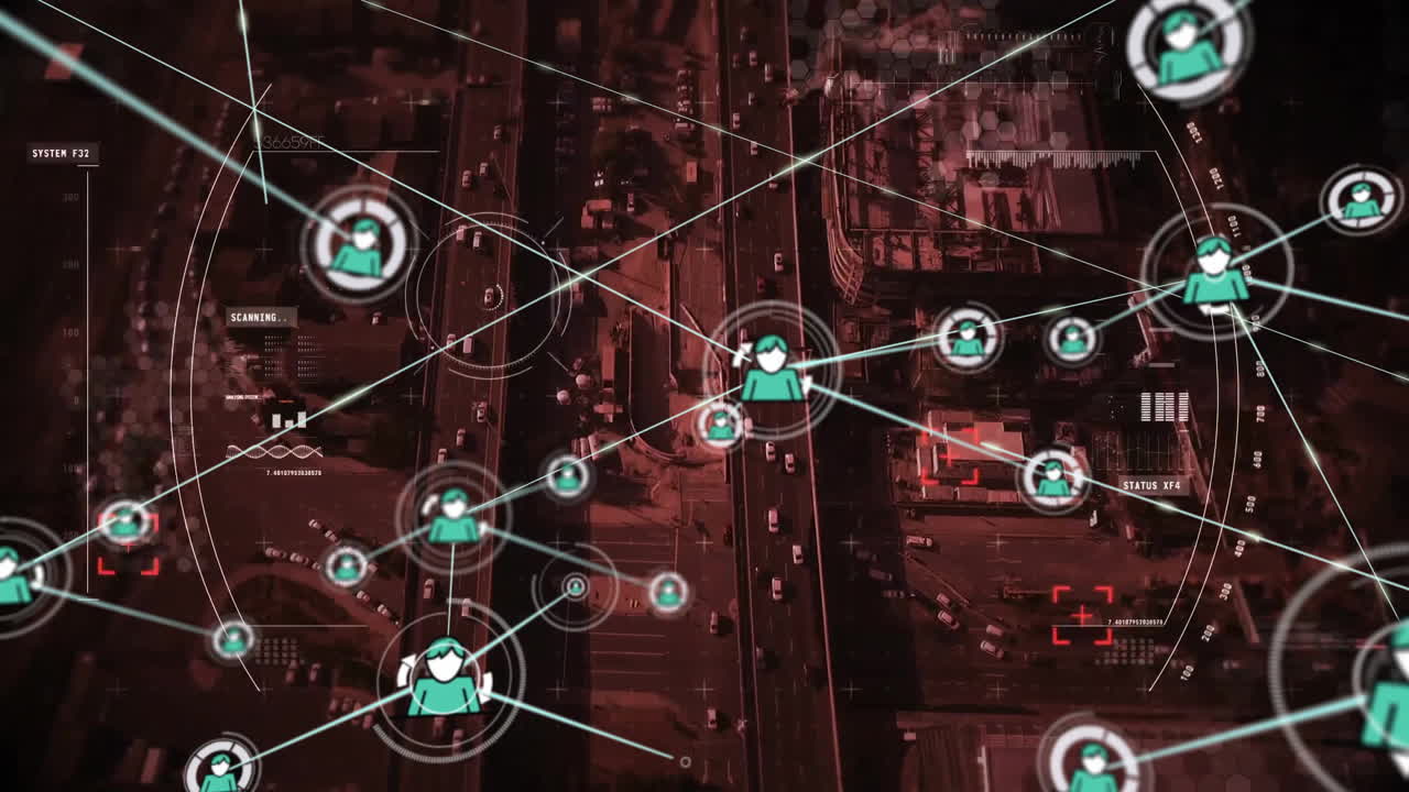 Animation of connected icons overlaying urban cityscape from aerial view