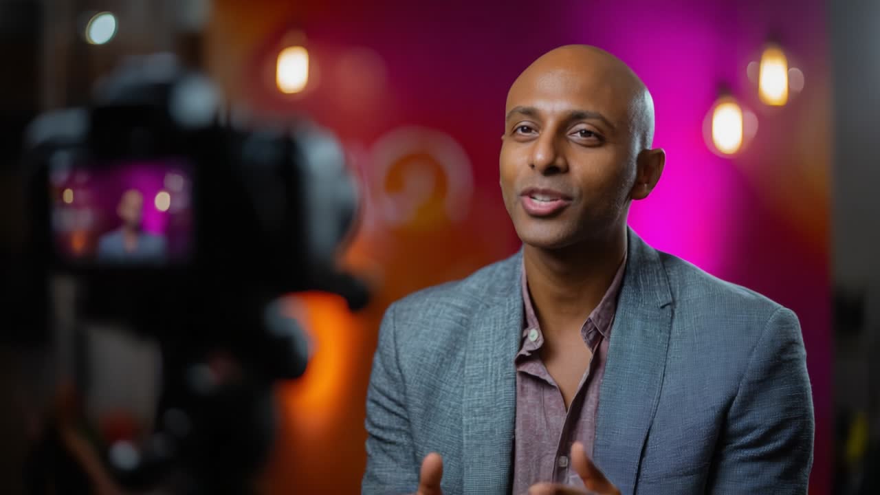 A Confident Individual Engaging in a Candid Conversation During an Informative Video Interview, Showcasing Expressions of Insight and Connection Against a Colorful Background